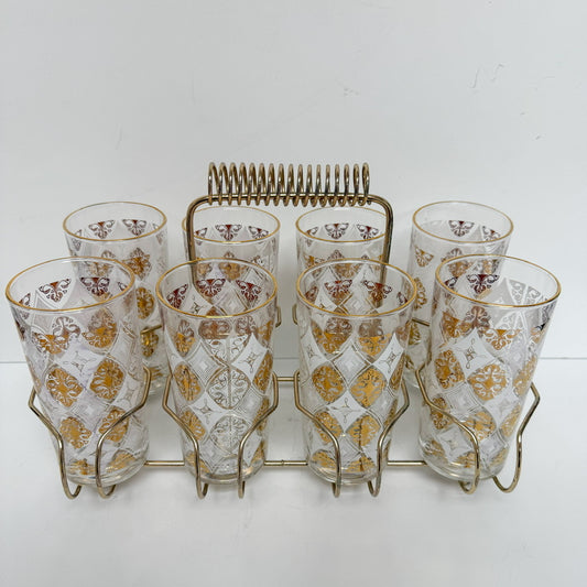 (20831) Set of Eight Gold And White Scroll And Diamond Tumblers In Rack