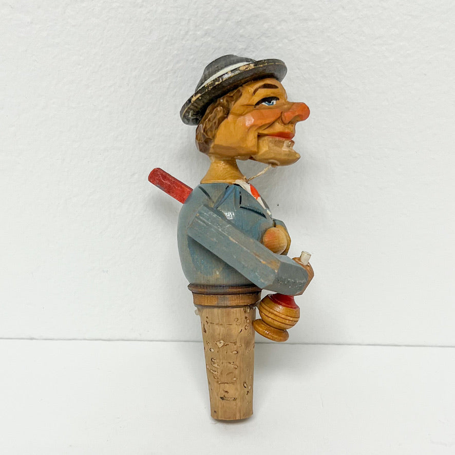 (26088) Circa 1930's Wooden Stopper--Hobo with Movable Wine Bottle