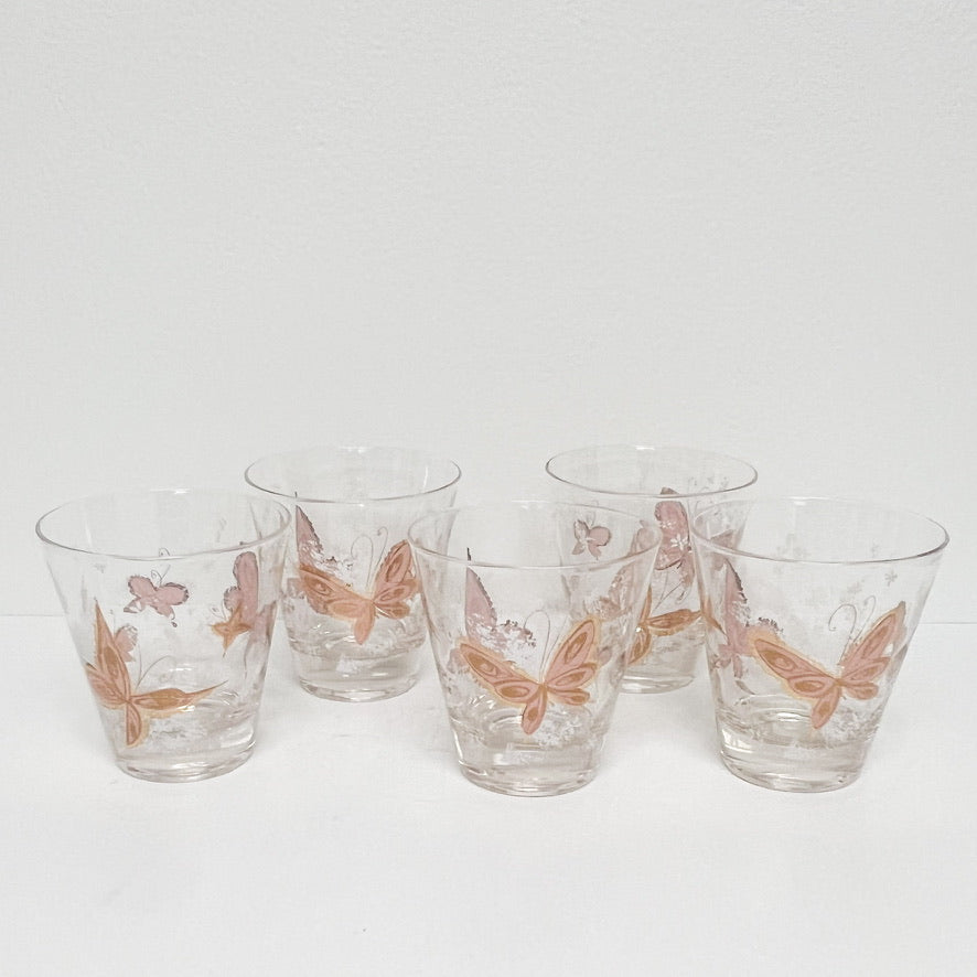 (24956) Set of Five Midcentury Pink Butterfly Rocks Glasses