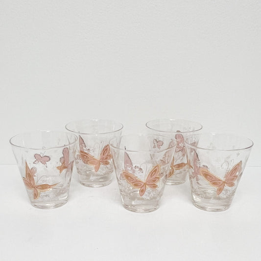 (24956) Set of Five Midcentury Pink Butterfly Rocks Glasses