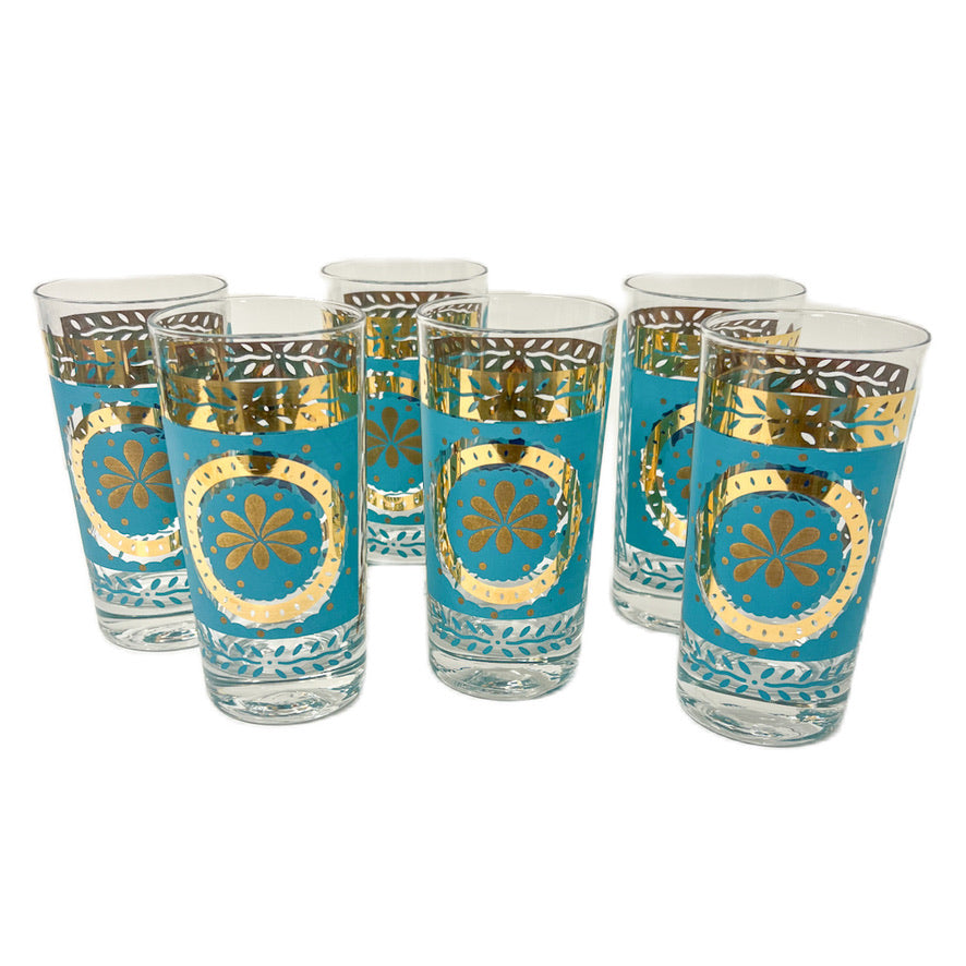 (21647) Set of Six Midcentury Gold & Teal Tumblers