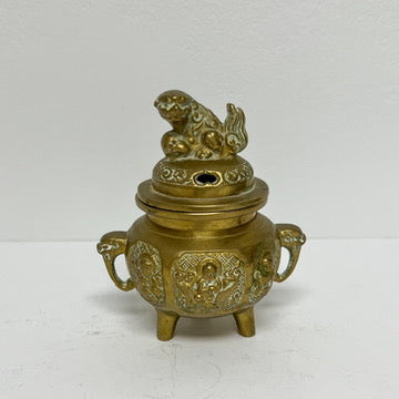 (22999) Brass Foo Dog Incense Pot with Elephant Handles