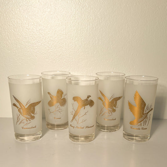(23764) Set of Five Vintage Game Bird Tumblers with Gold Design
