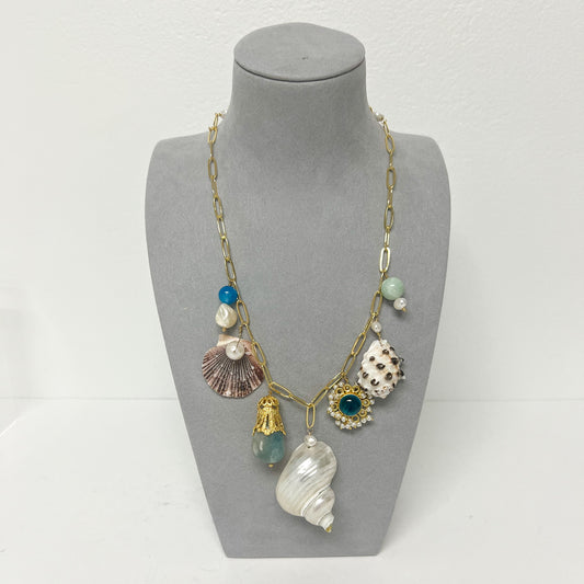 (26247) Dunmore Gold Paper Clip Chain with Seven Charms and Stones Necklace (Two Color Options)