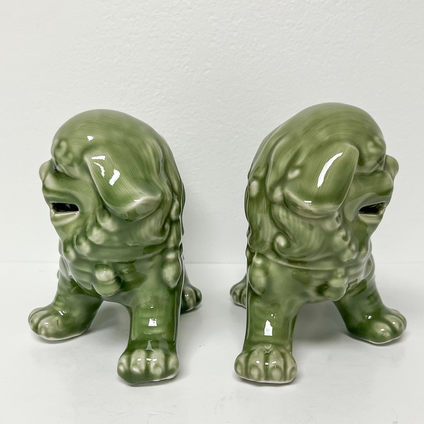 (26282) Pair of Deep Celadon Green Foo Dogs on All Fours