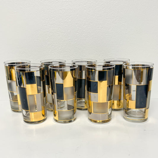 (26111) Set of Eight Culver Midcentury Black, Gold and Silver Rectangular Design Tumblers