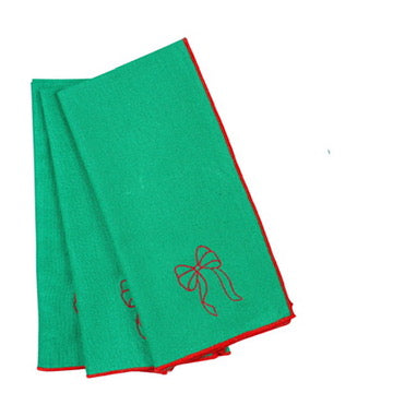 (25491) Set of Four Green Linen/Cotton Napkins with Red Bows