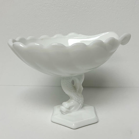 (26154) Vintage Milk Glass Compote With Dolphin Base