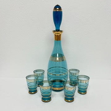 (25174) Bohemia Glass Cerulean Blue Decanter and Six Cordials