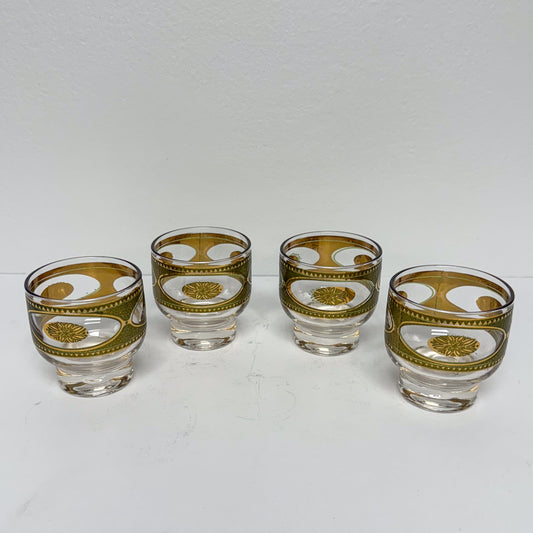 (23049) Set of Four Midcentury Gold and Sage Green Footed Glasses