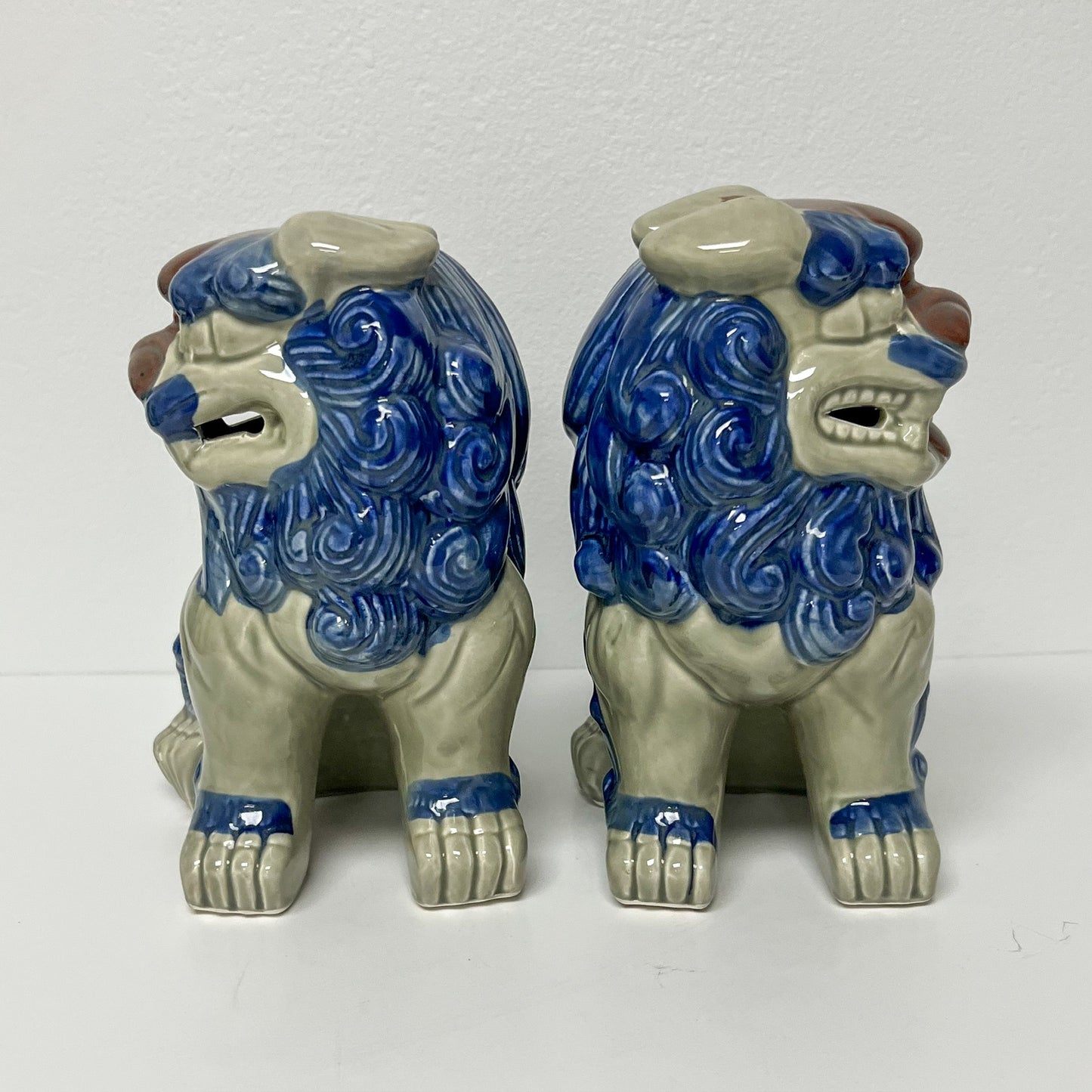 (24938)  Pair of Blue and Tan Midcentury Foo Dogs