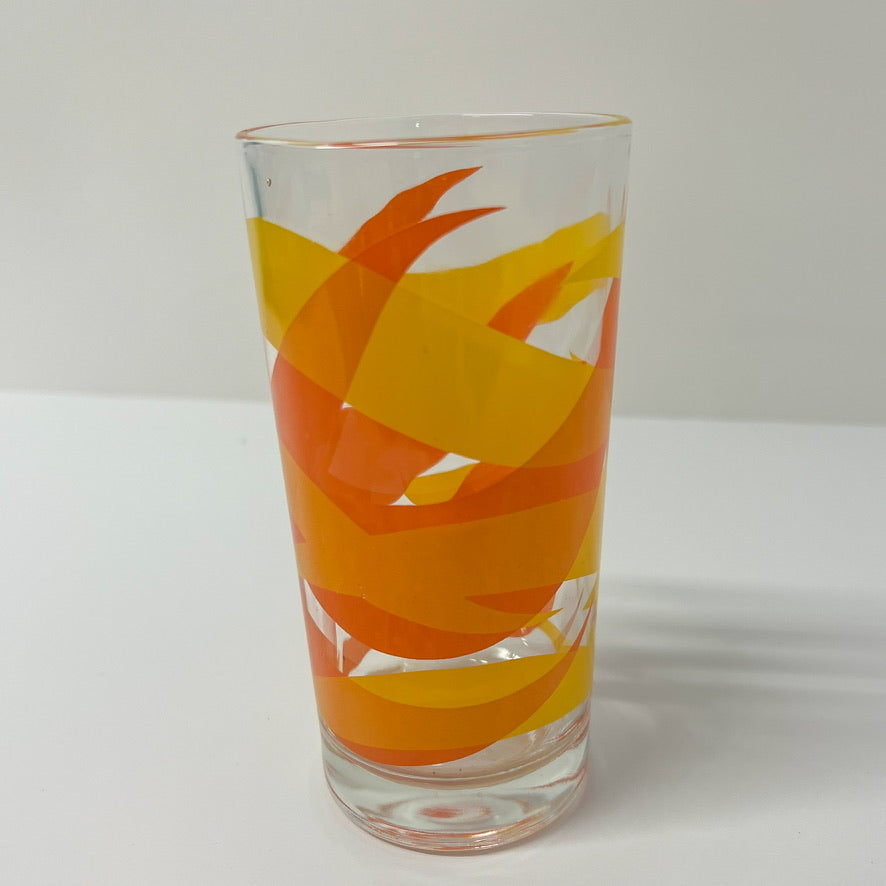 (19908) Set of Six Midcentury Starlyte Orange Tumblers And Ice Bowl In Rack