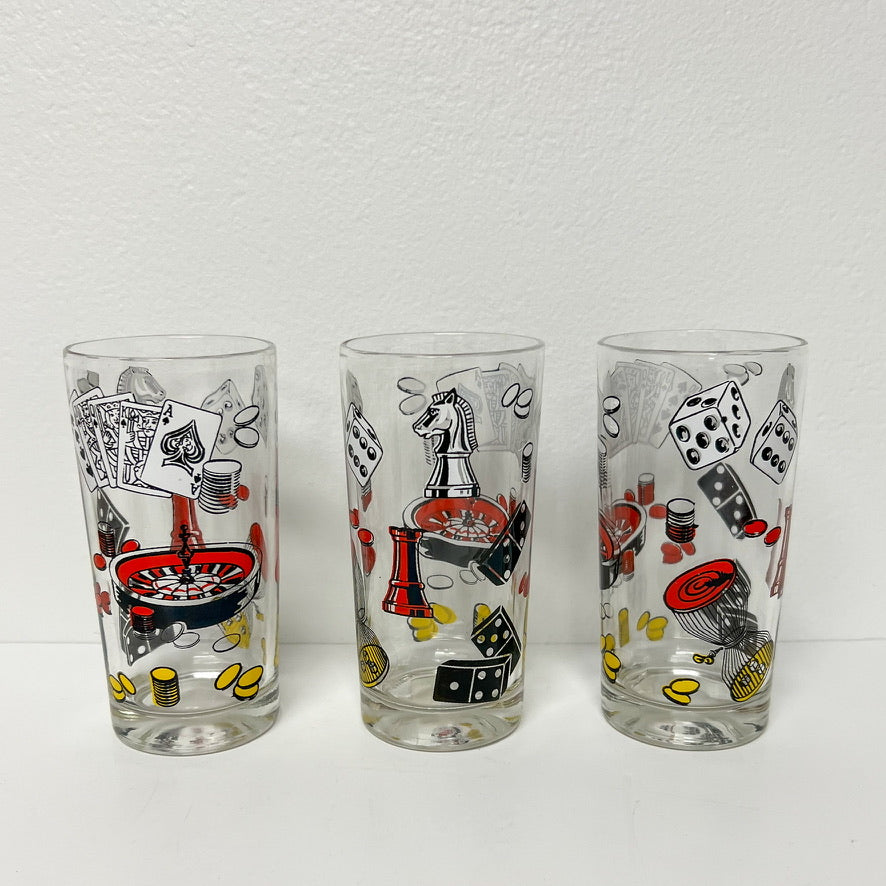 (26115) Set of Six Midcentury Hazel Atlas Casino Game Glasses and Ice Bucket