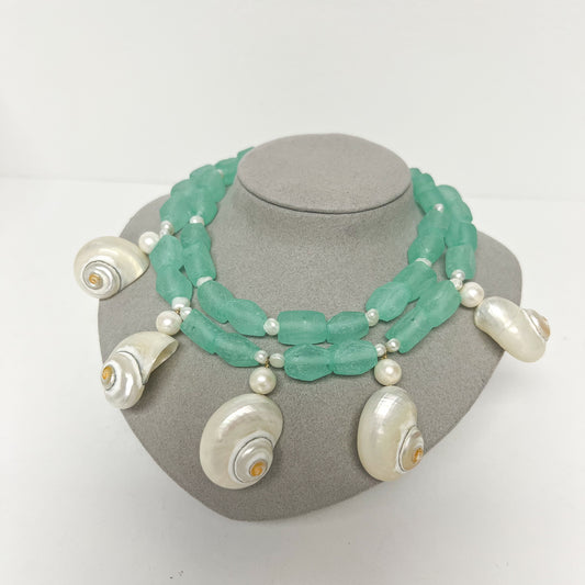 (26241) Capri Double Strand Aqua Glass Beads Shells and Freshwater Pearls Necklace