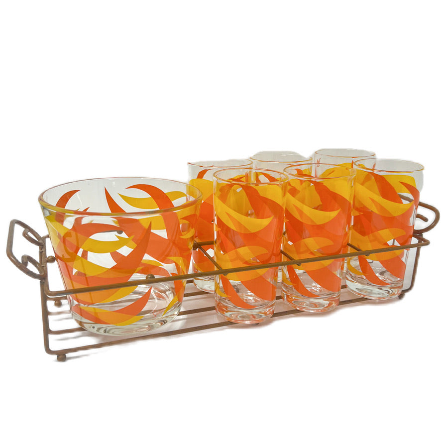 (19908) Set of Six Midcentury Starlyte Orange Tumblers And Ice Bowl In Rack