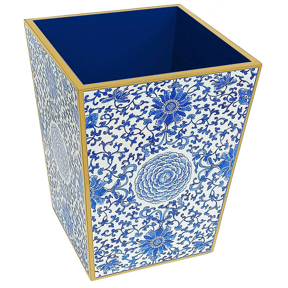 (26386) Indigo Garden Blue/White Lacquer Wastebasket