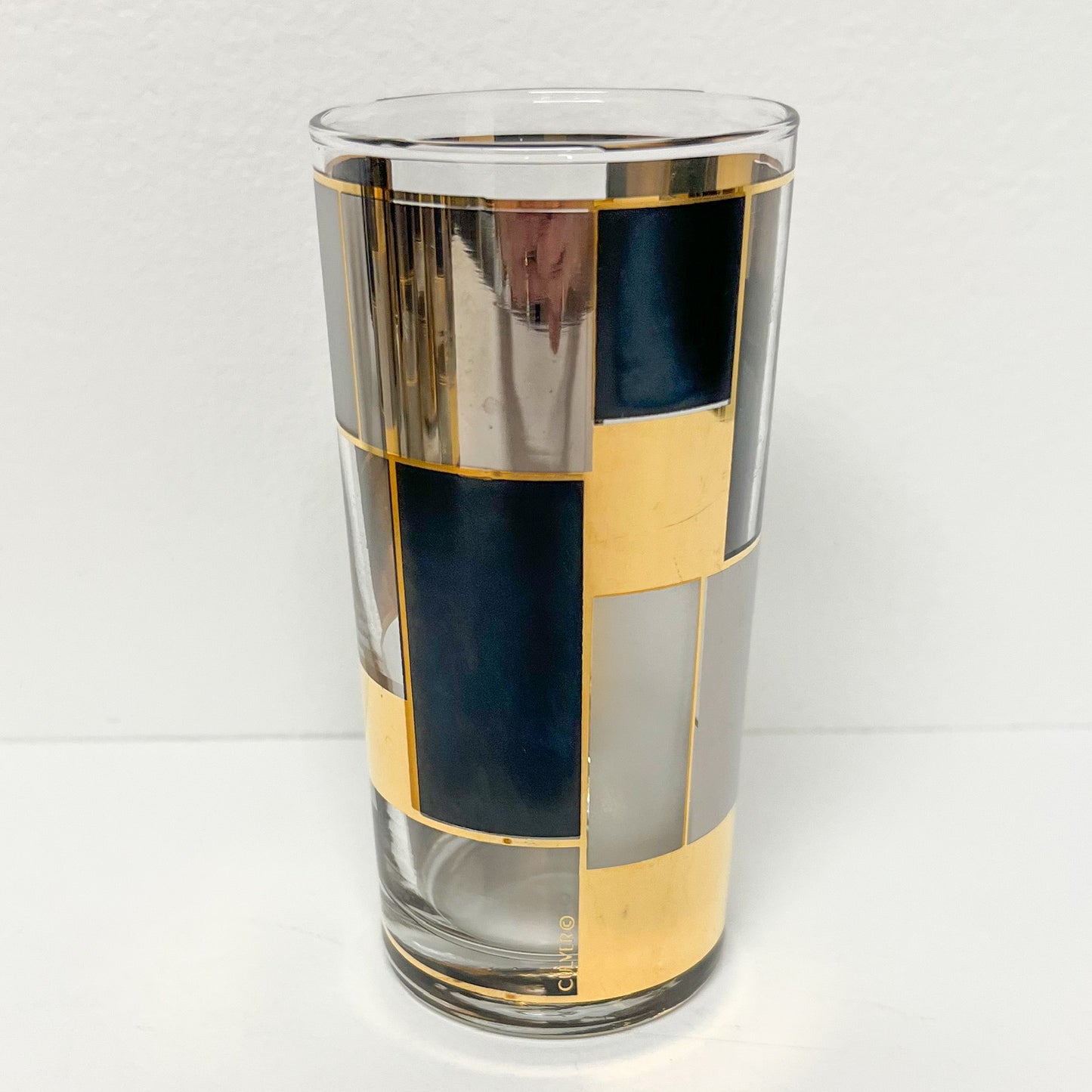 (26111) Set of Eight Culver Midcentury Black, Gold and Silver Rectangular Design Tumblers