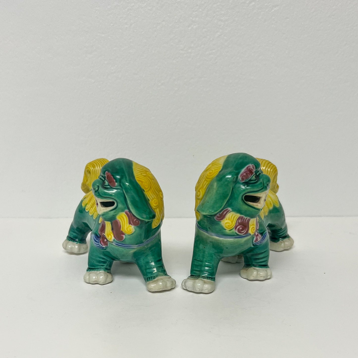 (22830) Pair of Midcentury Yellow and Green Foo Dogs on All Fours