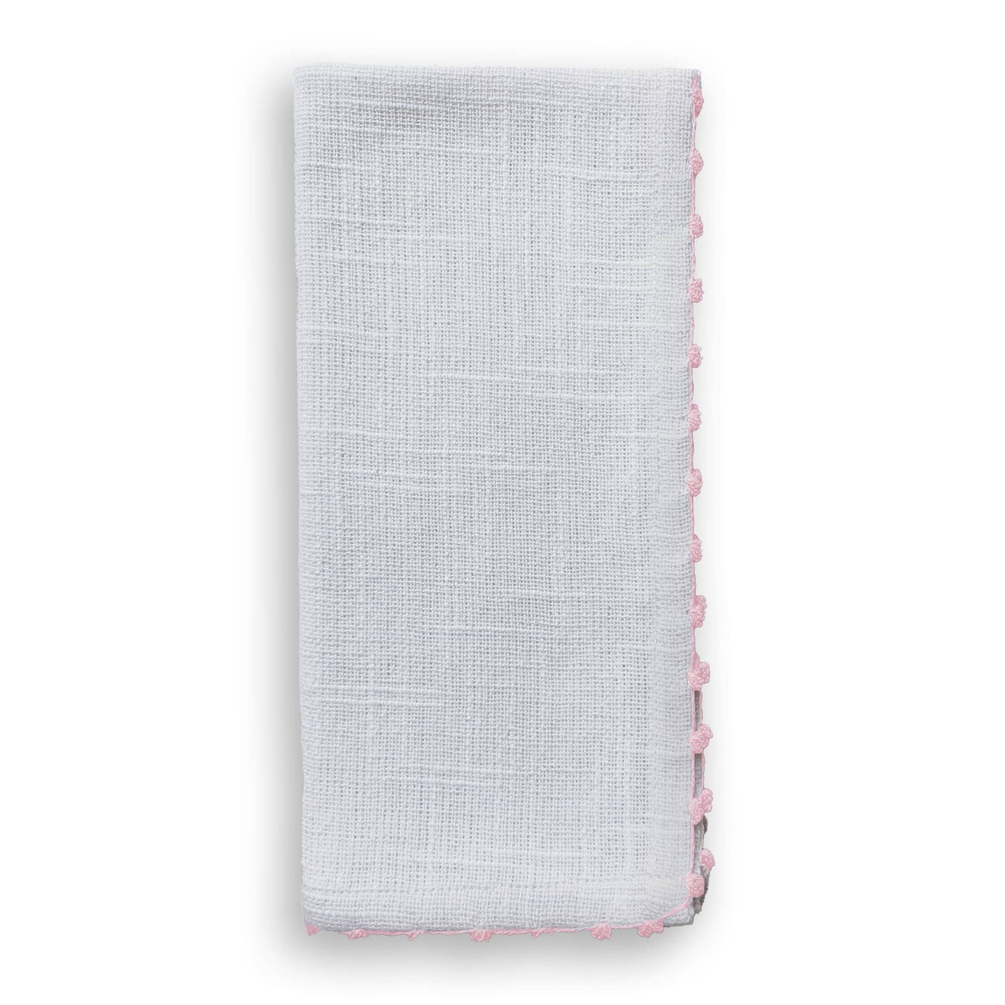 (26205) Knotted Edge White Cotton Napkin Soft Pink Trim Set of 4