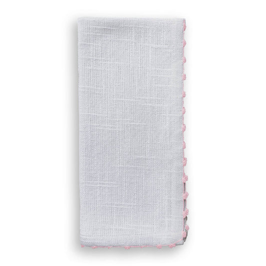 (26205) Knotted Edge White Cotton Napkin Soft Pink Trim Set of 4