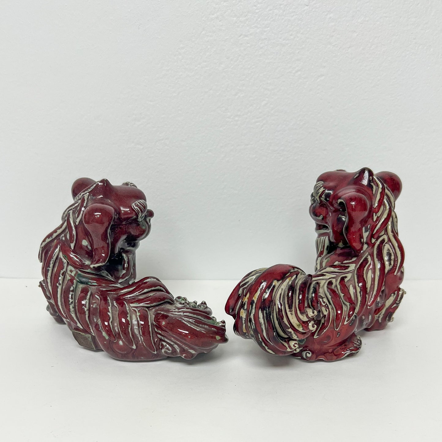 (21246) Pair of Red Pottery Foo Dogs