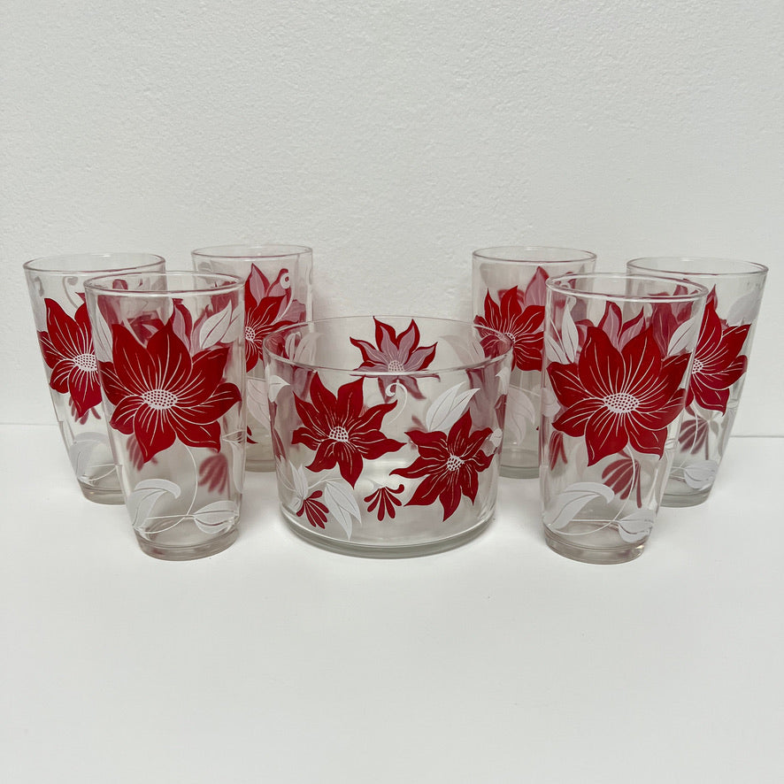 (23677) Set of Six Hazel Atlas Poinsettia Tumblers Plus Ice Bucket
