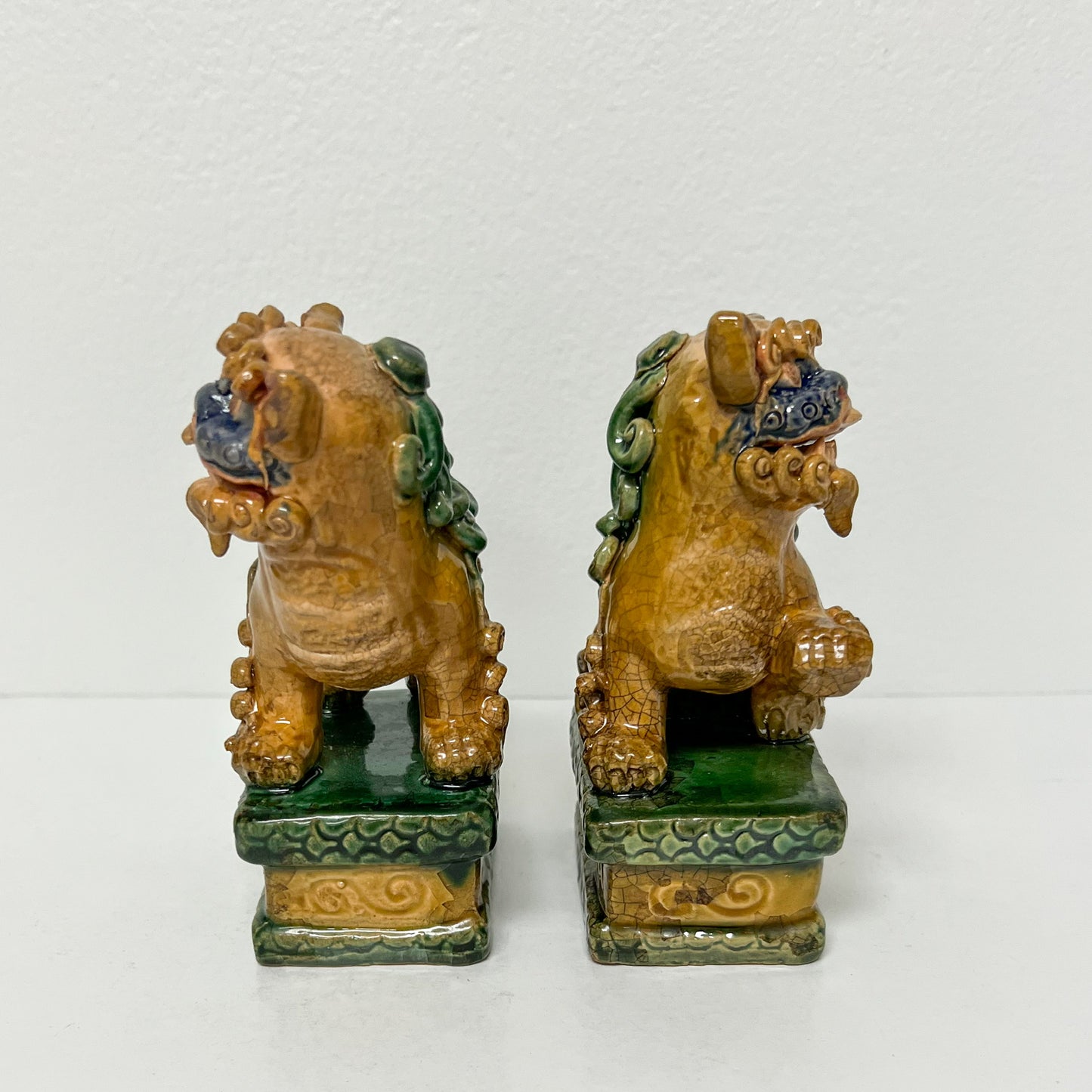 (18662) Pair of Mustard Colored Foo Dogs with Curly Locks
