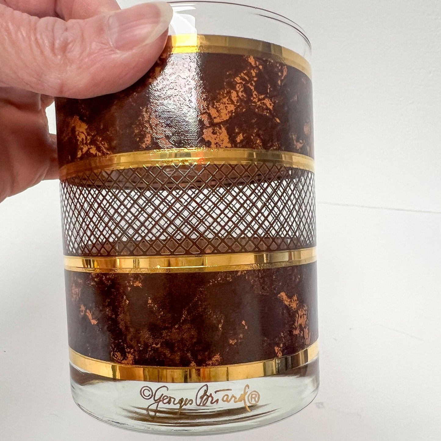 (26100) Set of Four Georges Briard Old Fashioneds with Leather and Gold Design