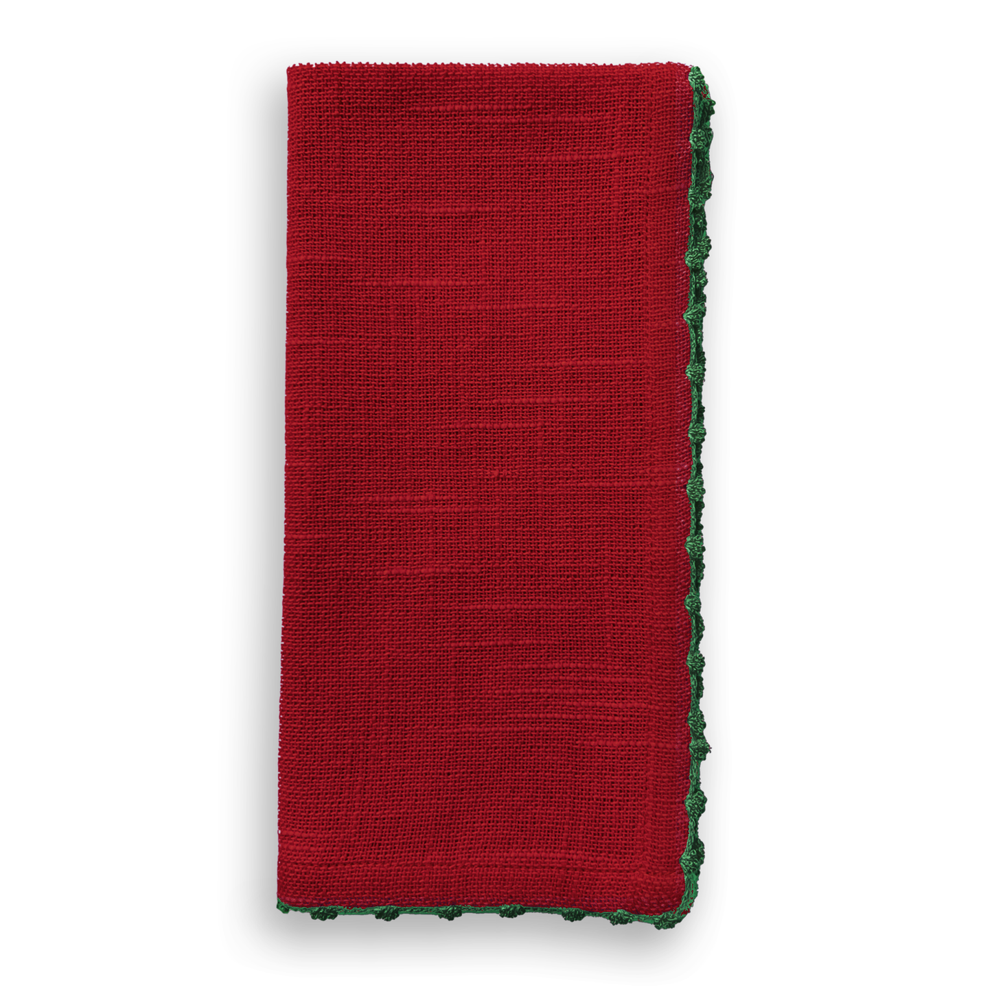 (25655) Knotted Edge Scarlet Red Cotton Napkin Green Trim | Set of 4