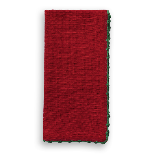 (25655) Knotted Edge Scarlet Red Cotton Napkin Green Trim | Set of 4