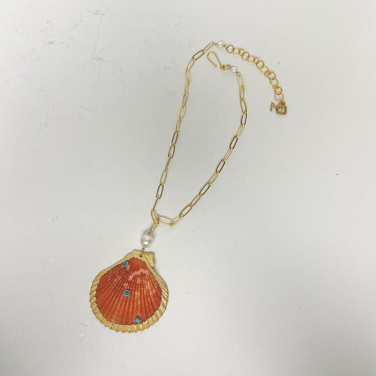 (26248) Paloma Single Strand Paper Clip Chain Necklace with Orange and Red Shell