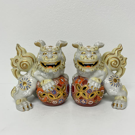 (26374) Pair of Cream Colored Imari Style Foo Dogs