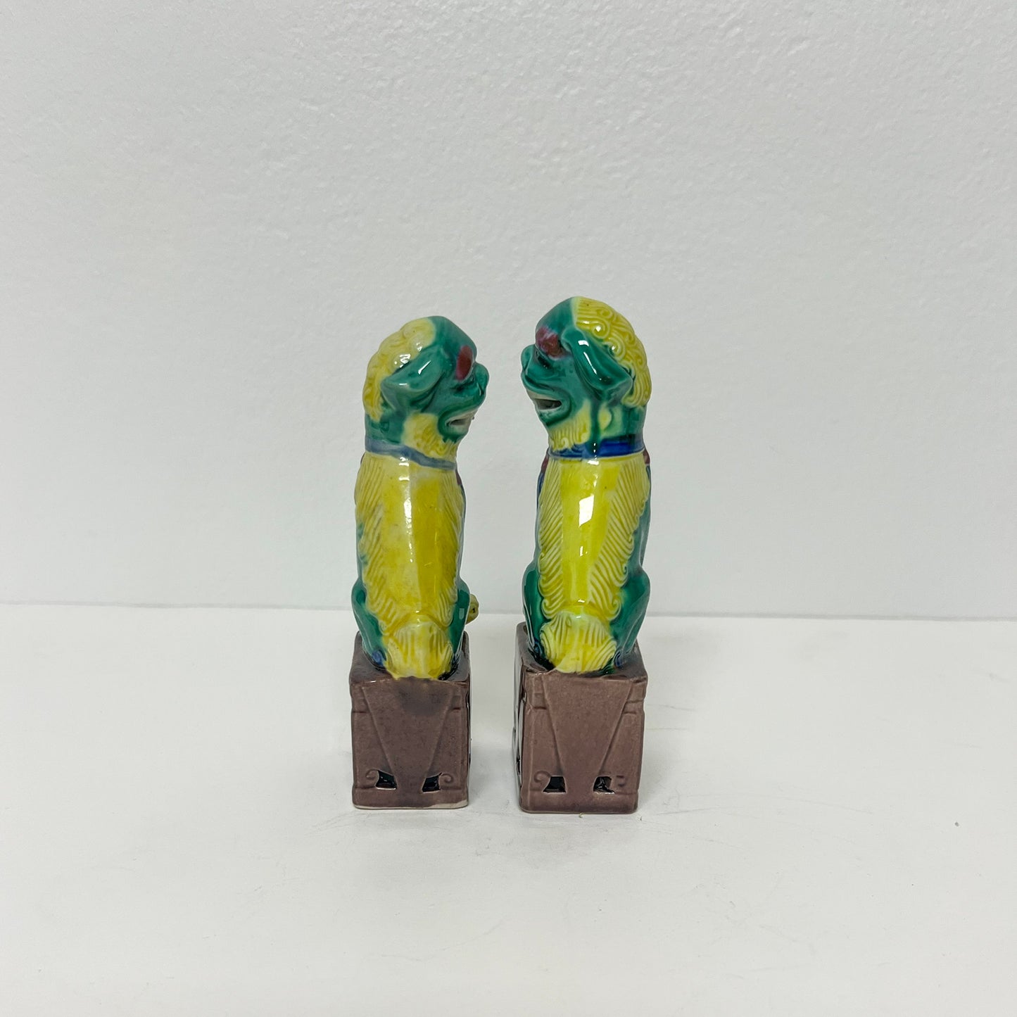 (21156) Pair of Small Green and Yellow Midcentury Foo Dogs