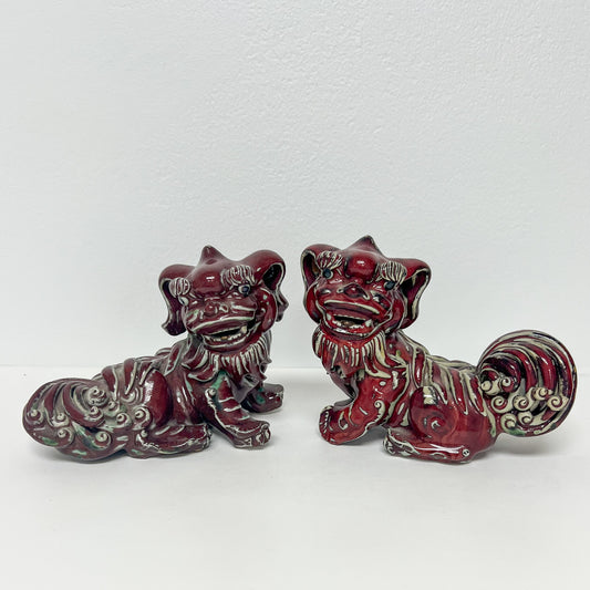(21246) Pair of Red Pottery Foo Dogs