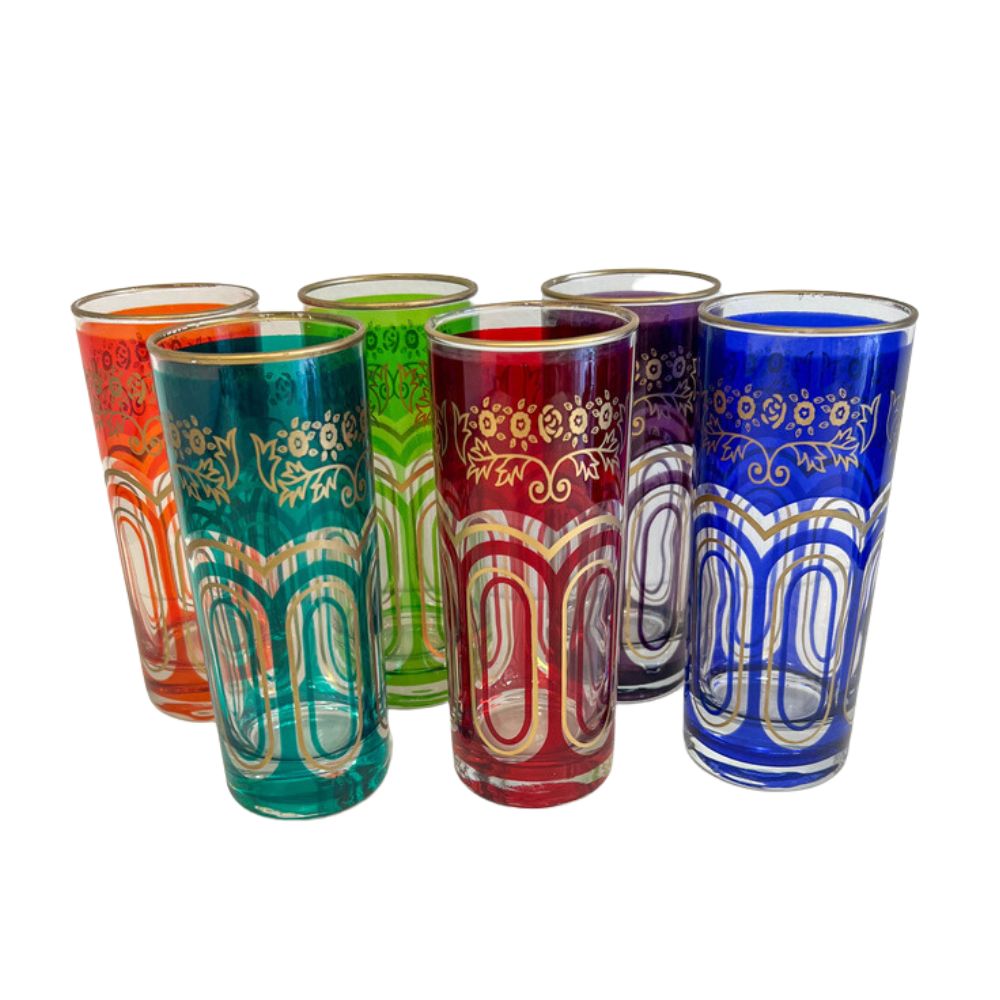 (22018) Set of Six Multicolored Gold Rimmed Tumblers