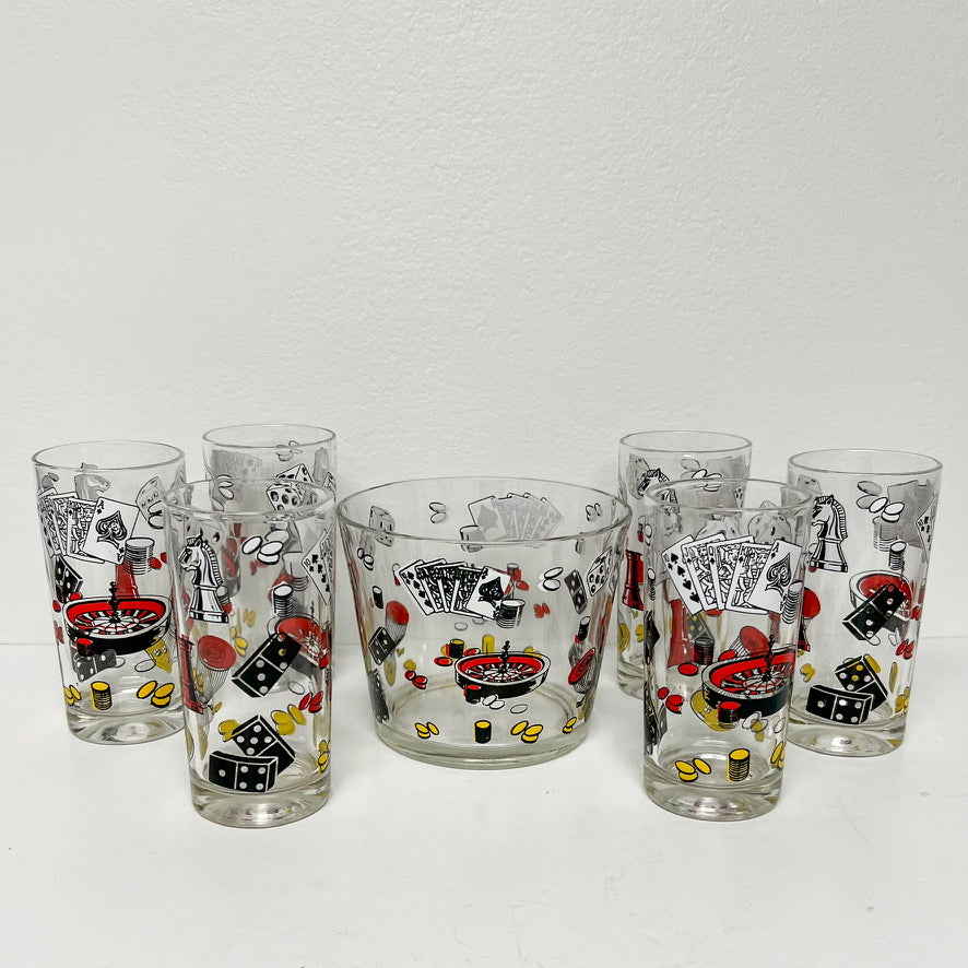 (26115) Set of Six Midcentury Hazel Atlas Casino Game Glasses and Ice Bucket