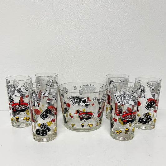 (26115) Set of Six Midcentury Hazel Atlas Casino Game Glasses and Ice Bucket