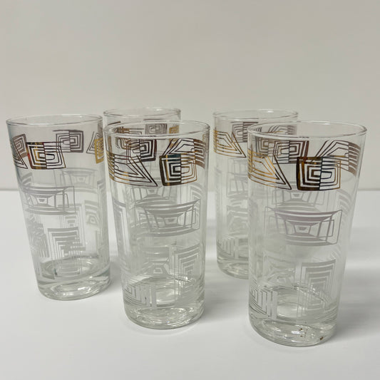 (22371) Set of Five Midcentury Atomic Tumblers Gold & White
