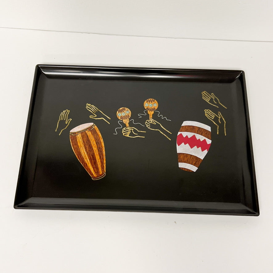 (16883) Medium Couroc Tray With Maracas And Bongo Drums