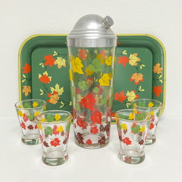 (23864) Colorful Leaves Shaker Set with Four Glasses and Coordinating Metal Tray