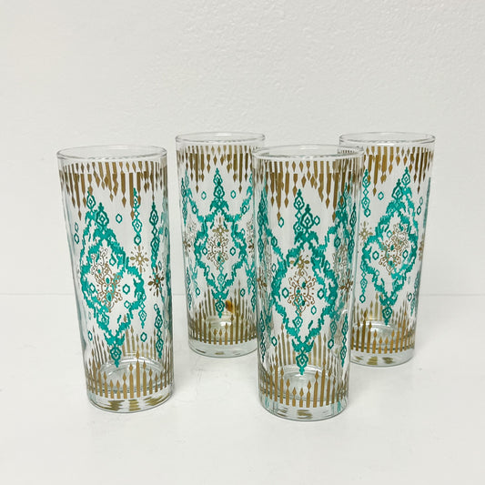 (25696) Set of Four Midcentury Teal and Gold Collins Glasses
