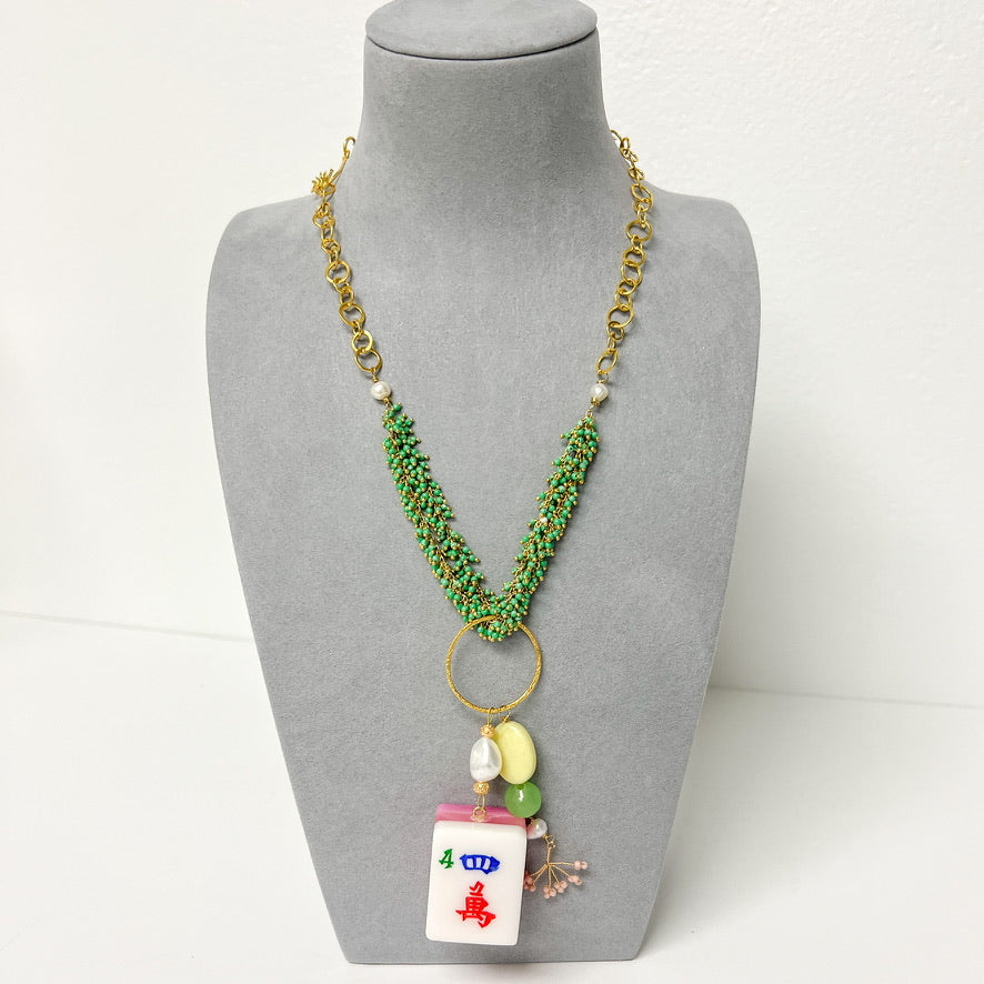 (26176) Mahjong Necklace (Green Beads) Handmade by Meg Carter Designs