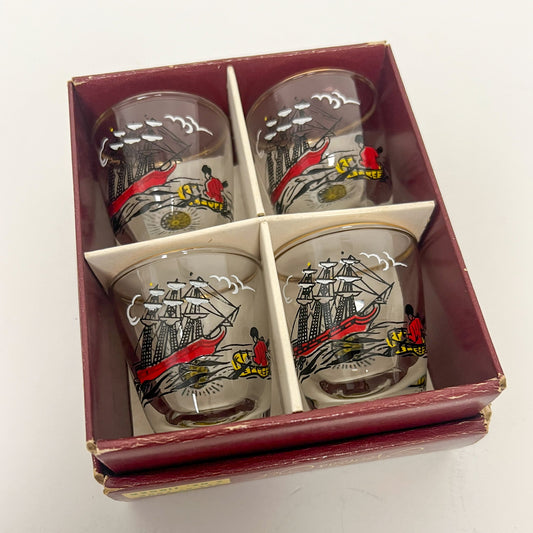 (24809) Set of Four Libbey Treasure Island Midcentury Shot Glasses