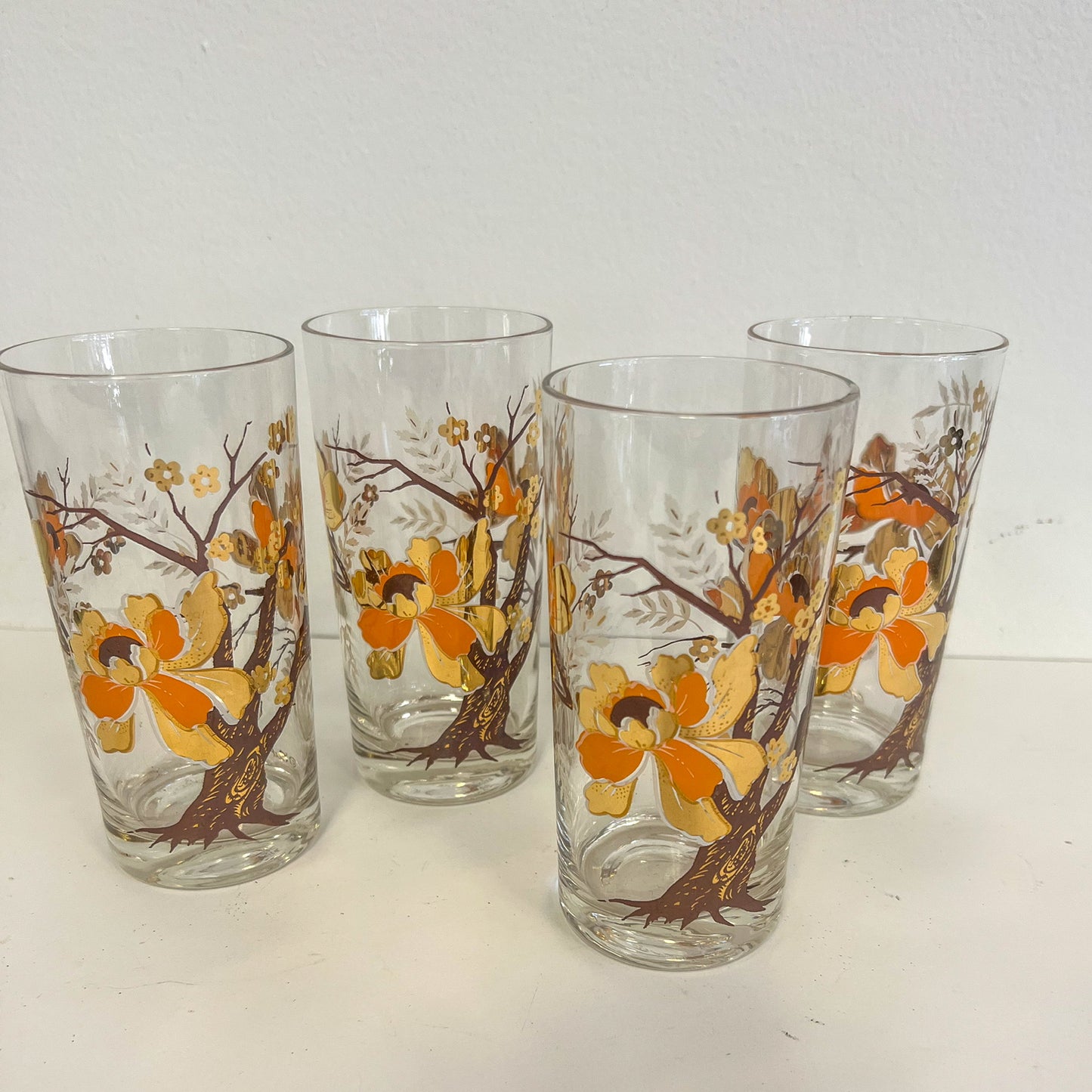 (17358) Set of Four Twisted Branch Asian Floral Glasses Signed "Culver"