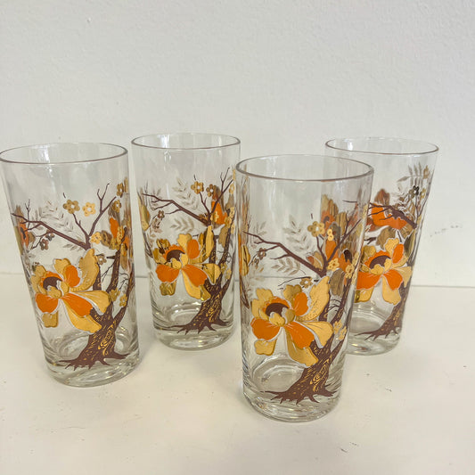 (17358) Set of Four Twisted Branch Asian Floral Glasses Signed "Culver"