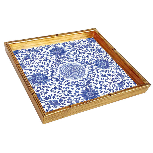 (26380) Indigo Garden Blue/White Bamboo Edge Lacquer Square Tray