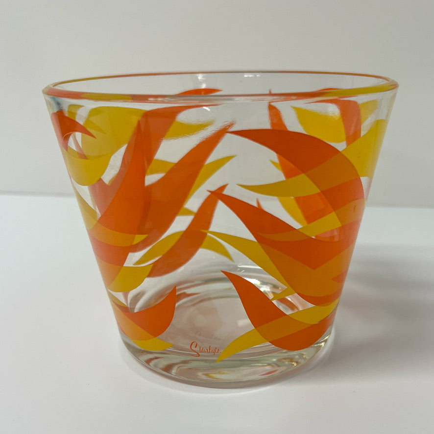 (19908) Set of Six Midcentury Starlyte Orange Tumblers And Ice Bowl In Rack