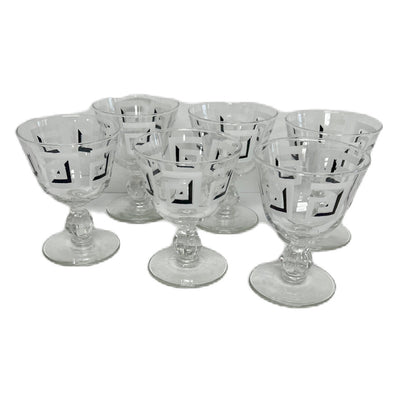 (23472) Set of Six Midcentury Black and White Greek Key Footed Glasses