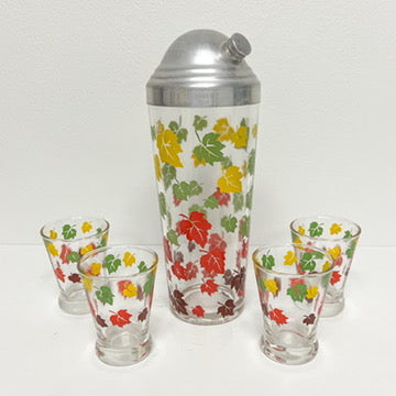 (23864) Colorful Leaves Shaker Set with Four Glasses and Coordinating Metal Tray