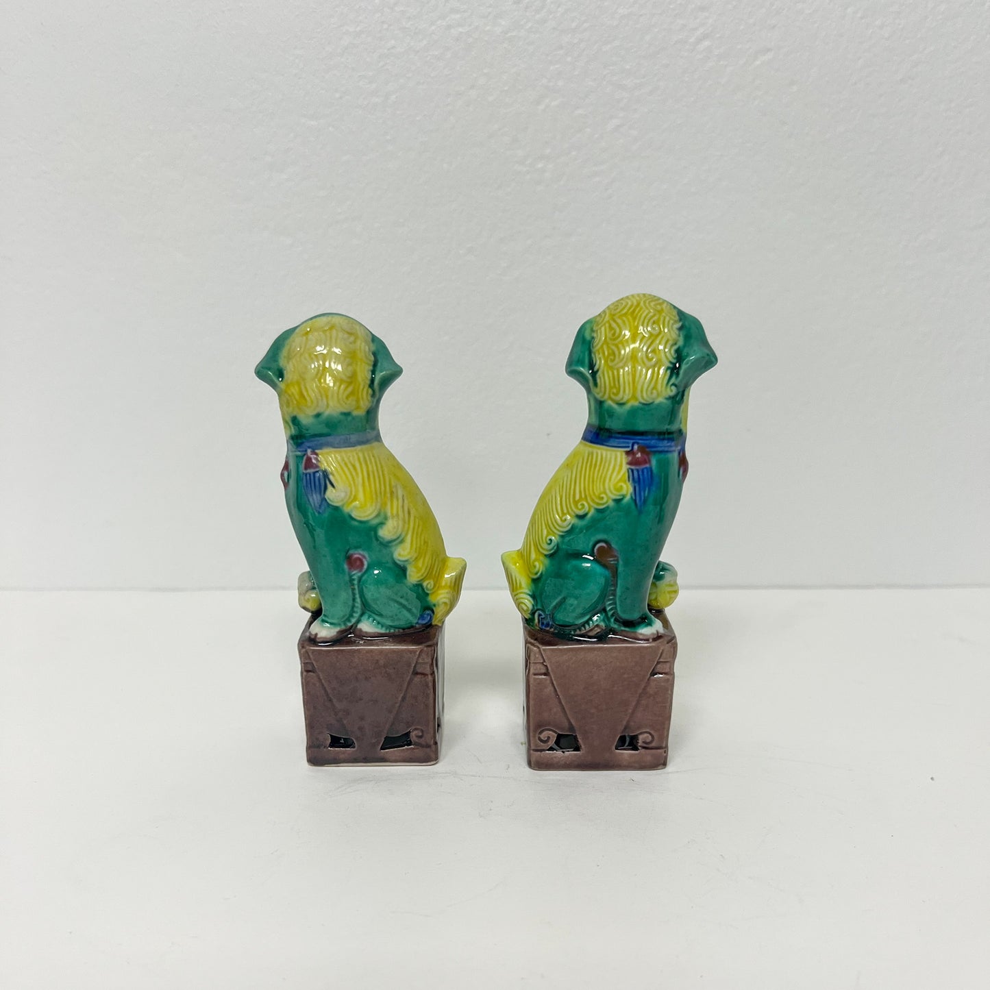 (21156) Pair of Small Green and Yellow Midcentury Foo Dogs